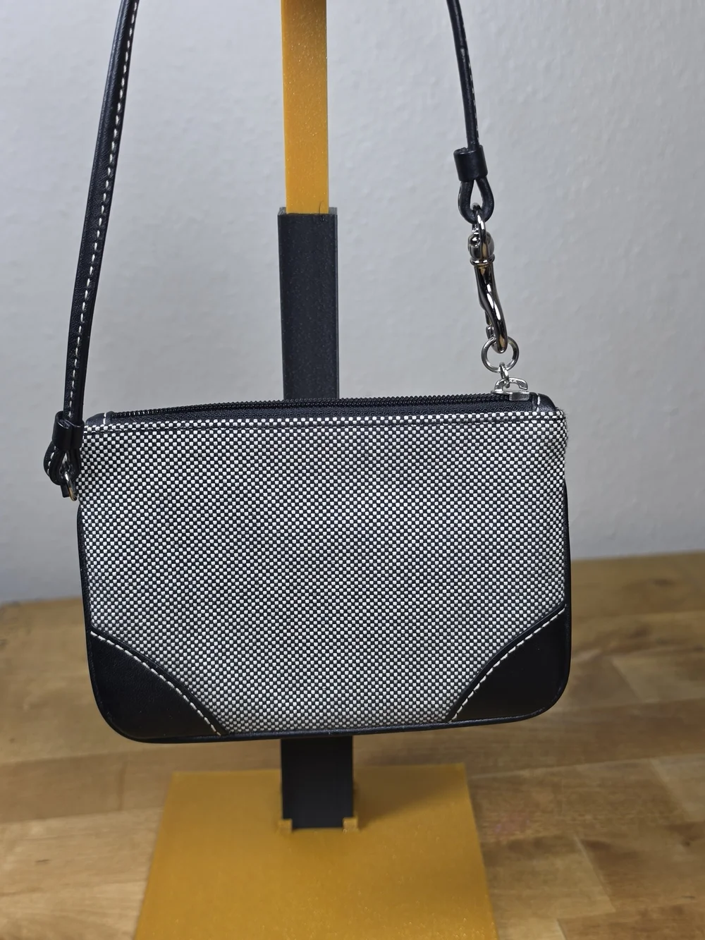 Coach Black White Check Fabric Leather Trim Small Wristlet Pouch Womens